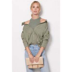 Evereve-Monrow Olive Green Cotton Poplin Button Down Off The Shoulder Tank Shirt